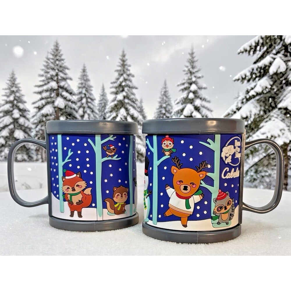 Set 2 Cabelas Bass Pro Shops Kids Cup Mug Blue w/Snow Animals Christmas Holiday